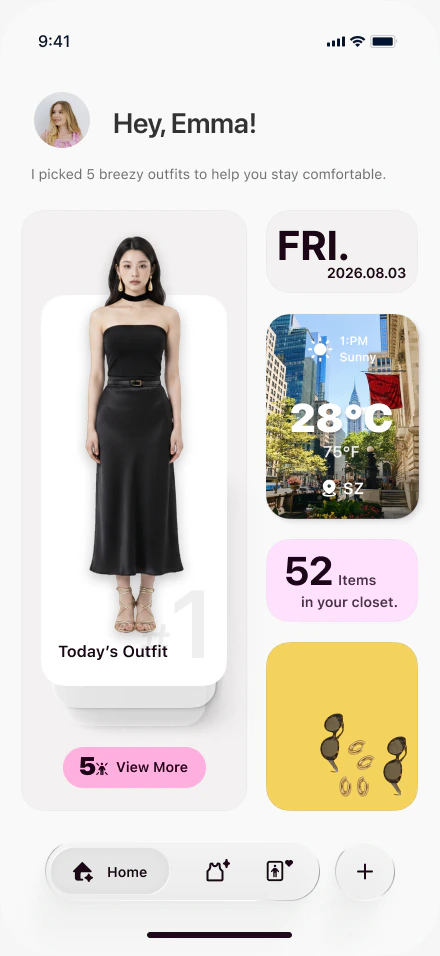 FITPOP 首页,展示今天用你已有的衣服搭好的造型